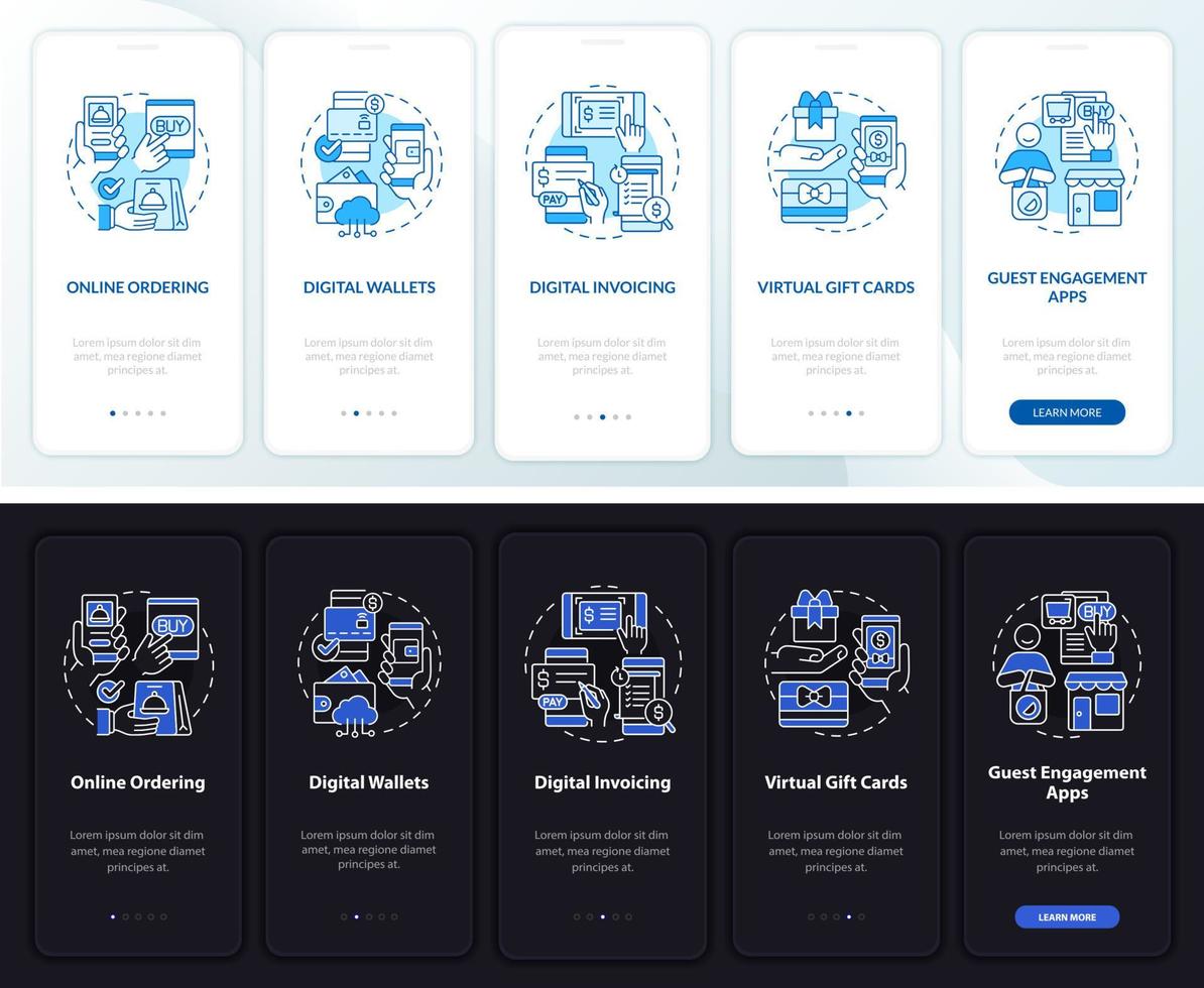 solução sem contato na tela do aplicativo móvel no modo noite e dia. passo a passo 5 passos páginas de instruções gráficas com conceitos lineares. ui, ux, modelo de gui. uma miríade de fontes regulares pró-negrito usadas vetor