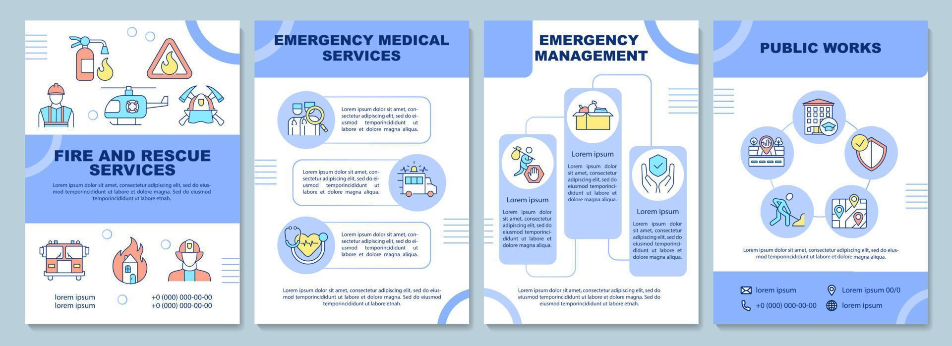 modelo de folheto de serviços de emergência. resgate do desastre. design de impressão de livreto com ícones lineares. layouts vetoriais para apresentação, relatórios anuais, anúncios. arial-black, inúmeras fontes pró-regulares usadas vetor