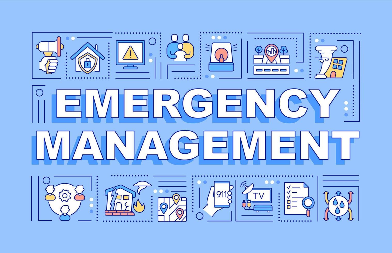 bandeira azul de conceitos de palavra de gerenciamento de emergência. serviço público. infográficos com ícones lineares no fundo. tipografia isolada. ilustração em vetor contorno de cor com texto. fonte arial-black usada