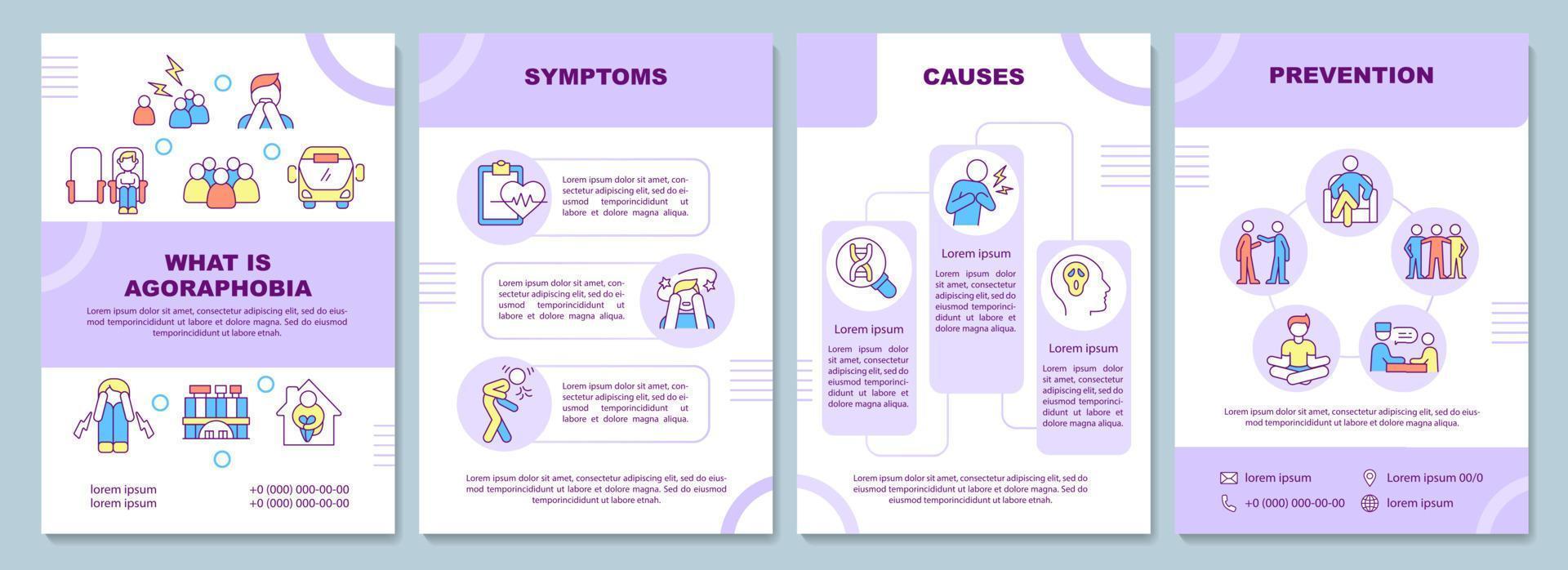 modelo de folheto roxo de transtorno de agorafobia. ansiedade social. design de impressão de livreto com ícones lineares. layouts vetoriais para apresentação, relatórios anuais, anúncios. arial-black, inúmeras fontes pró-regulares usadas vetor