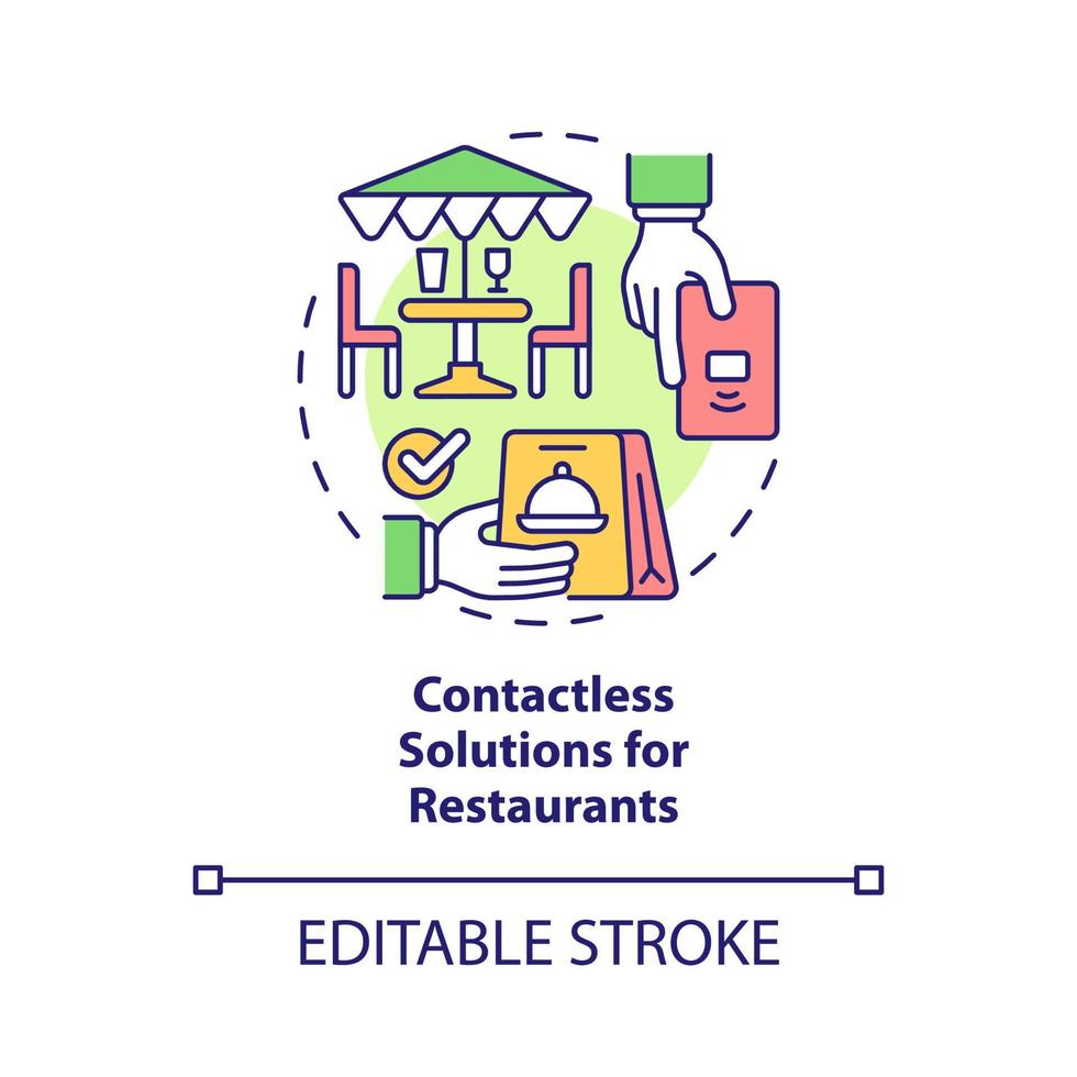 soluções sem contato para ícone do conceito de restaurante. ilustração de linha fina de idéia abstrata de sistema sem toque. desenho de contorno isolado. traço editável. roboto-medium, inúmeras fontes pró-negrito usadas vetor