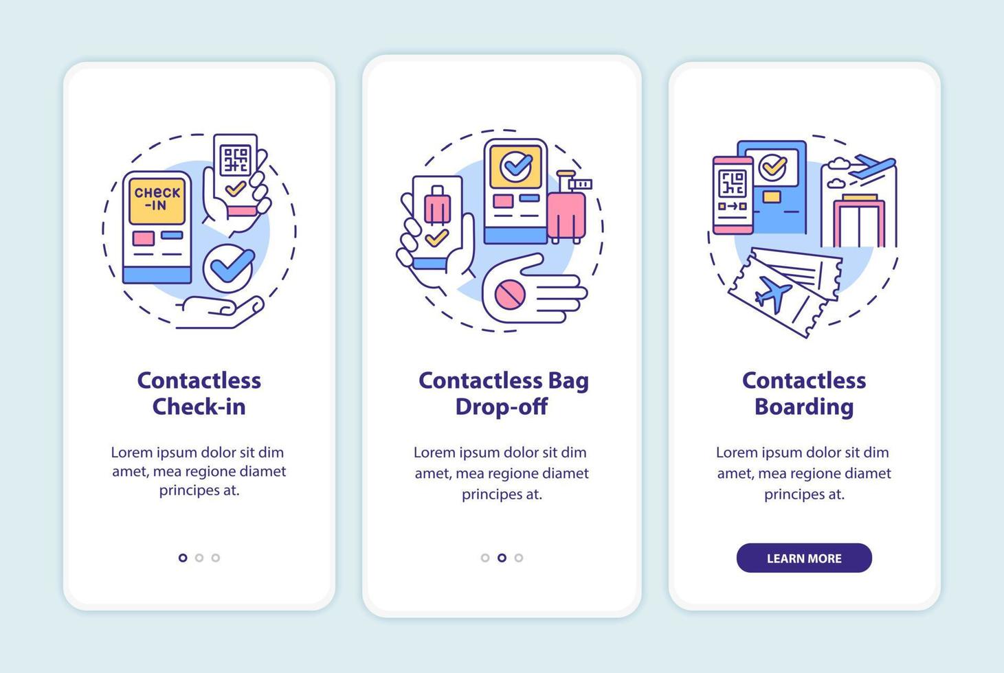 tecnologia sem contato para a tela do aplicativo móvel de integração de viagens. passo a passo de serviço 3 etapas páginas de instruções gráficas com conceitos lineares. ui, ux, modelo de gui. uma miríade de fontes regulares pró-negrito usadas vetor