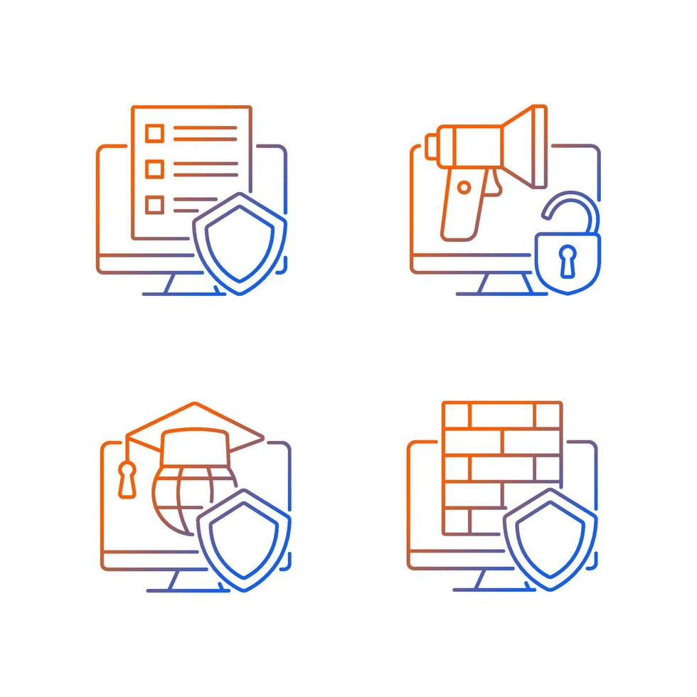 proteger o conjunto de ícones de vetor linear gradiente de dados privados. firewall e política cibernética. pacote de símbolos de contorno de linha de educação de segurança cibernética. coleção de ilustrações de contorno isolado