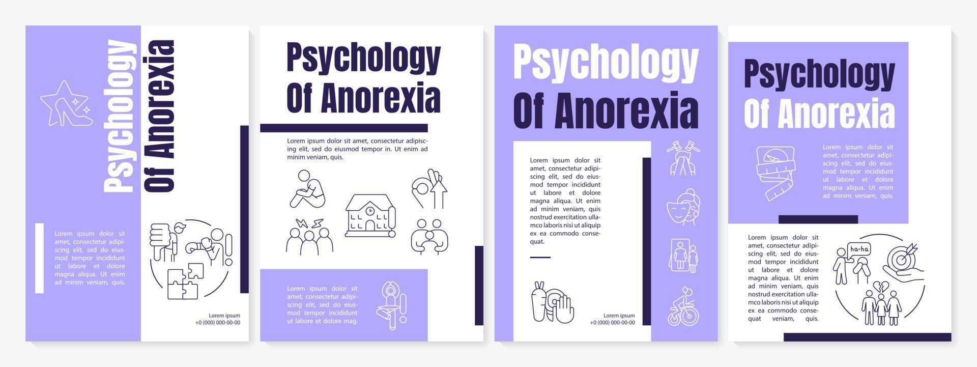 Modelo de folheto roxo de fatores de risco de anorexia. transtorno de comportamento. design de impressão de livreto com ícones lineares. layouts vetoriais para apresentação, relatório anual, anúncios. fontes anton-regulares e lato-regulares usadas vetor