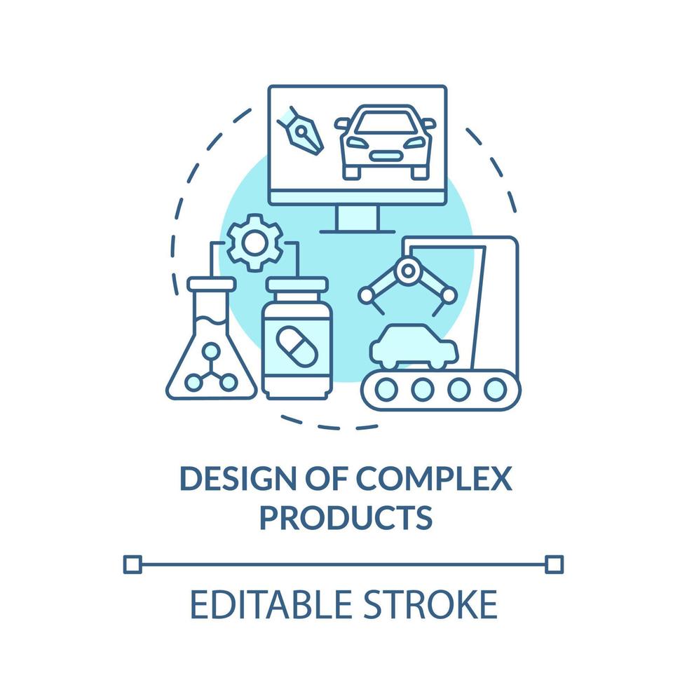 ícone de conceito turquesa de design de produtos complexos. ilustração de linha fina de idéia abstrata de automação de produção. desenho de contorno isolado. traço editável. roboto-medium, inúmeras fontes pró-negrito usadas vetor