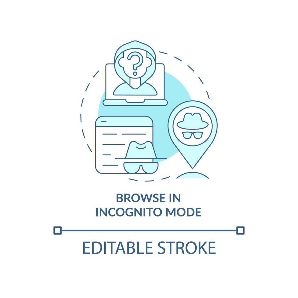 ícone de conceito on-line de navegação no modo de navegação anônima. anonimato protegendo a privacidade online. evitando a ilustração de linha fina de ideia abstrata de rastreamento de dados. desenho de cor de contorno isolado de vetor. traço editável vetor