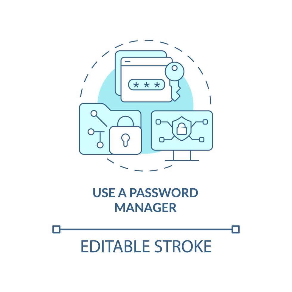 gerenciador de senhas para o ícone do conceito de segurança da informação. gerando senhas complexas para ilustração de linha fina de ideia abstrata de segurança da informação. desenho de cor de contorno isolado de vetor. traço editável vetor