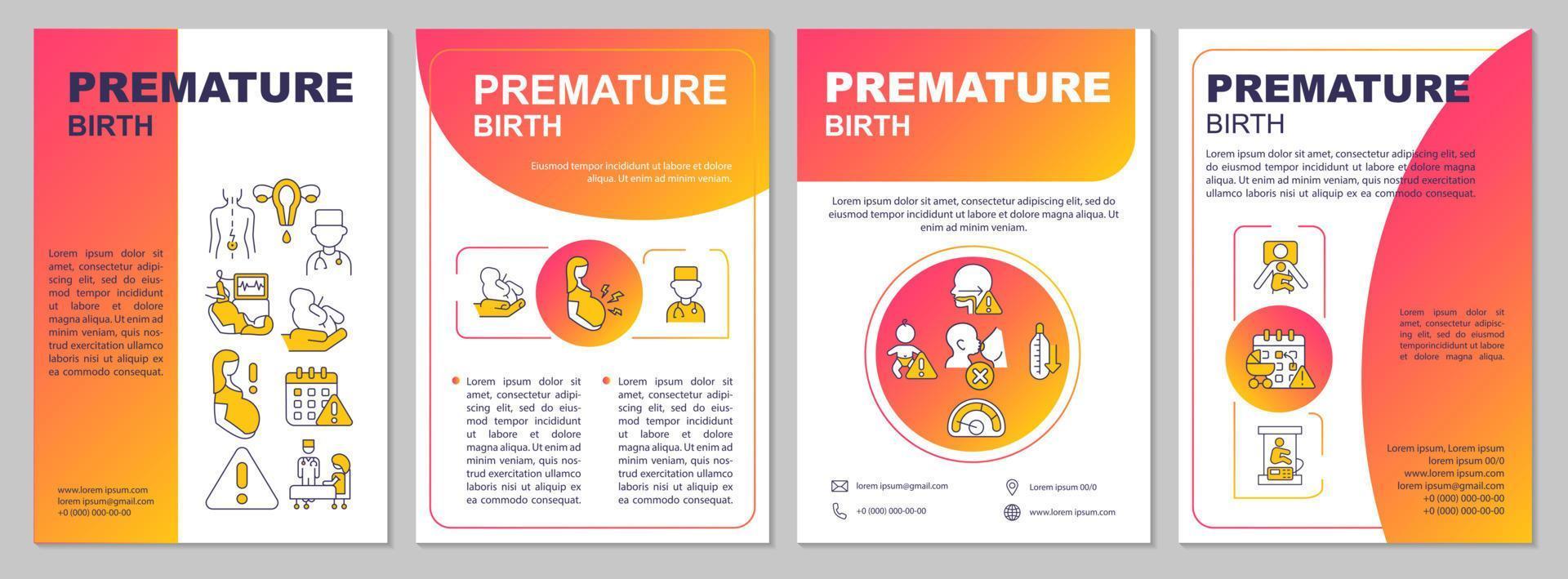 modelo de folheto de nascimento prematuro. risco de complicações do desenvolvimento. folheto, livreto, impressão de folheto, design de capa com ícones lineares. layouts vetoriais para apresentação, relatórios anuais, páginas de anúncios vetor