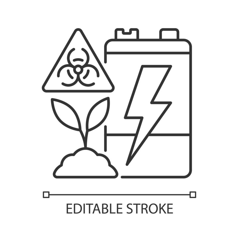 ícone linear da ameaça de contaminação do solo da bateria. poluição terrestre por metais pesados. corrosão do acumulador. ilustração personalizável de linha fina. símbolo de contorno. desenho de contorno isolado de vetor. traço editável vetor