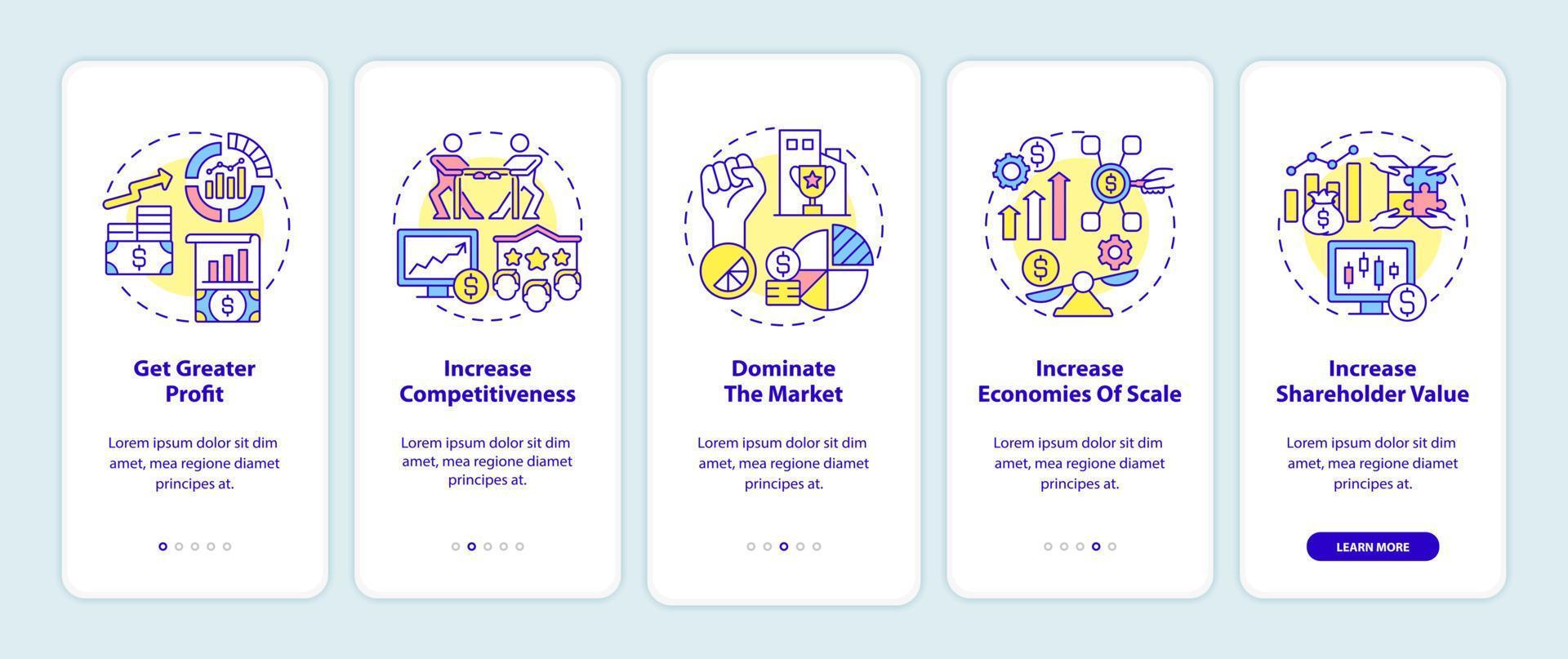 importância da expansão dos negócios na tela da página do aplicativo móvel. passo a passo de crescimento da empresa 5 passos instruções gráficas com conceitos. modelo de vetor ui, ux, gui com ilustrações coloridas lineares