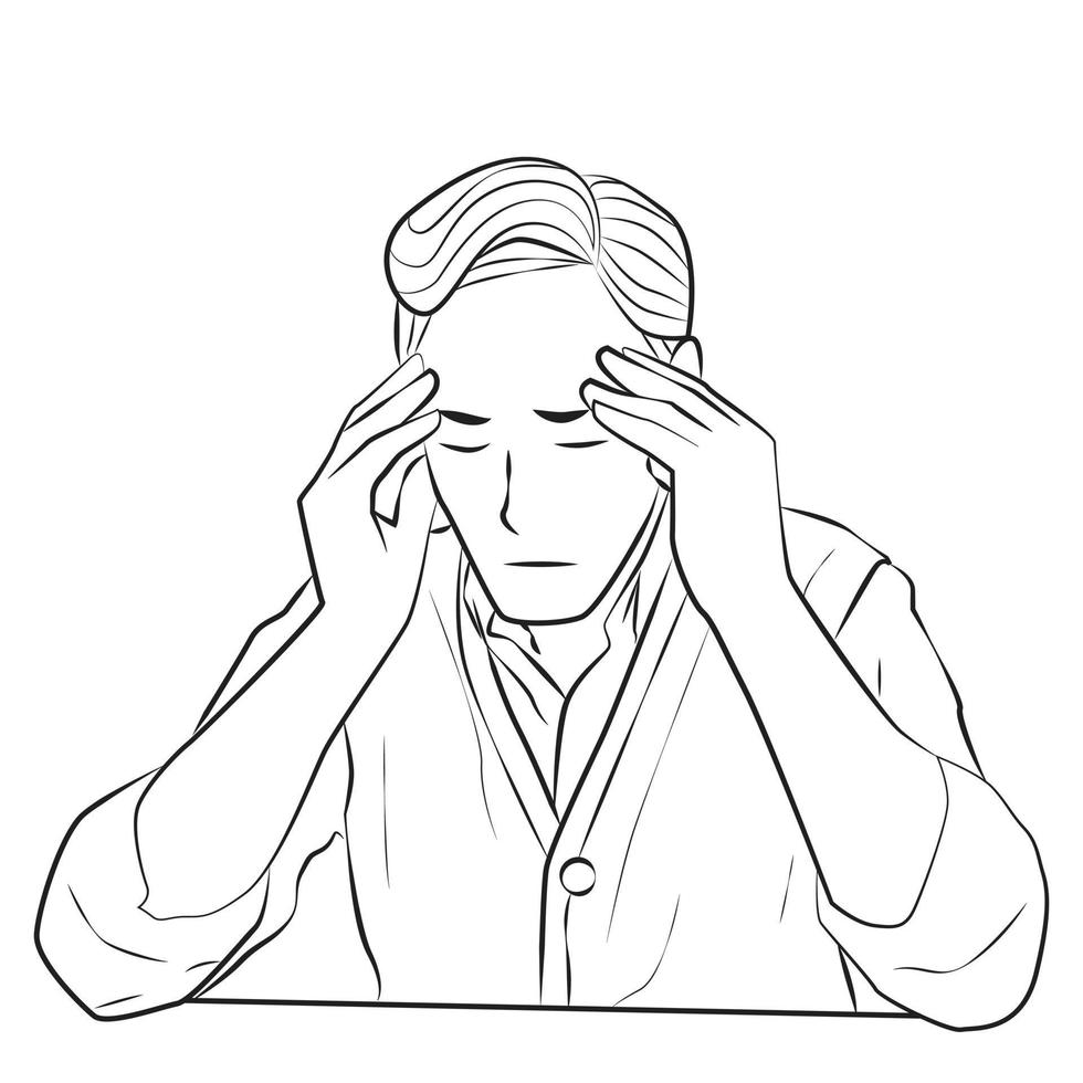 um homem tem dor de cabeça porque pensando em como resolver problemas, ilustração de desenho vetorial de arte de linha vetor