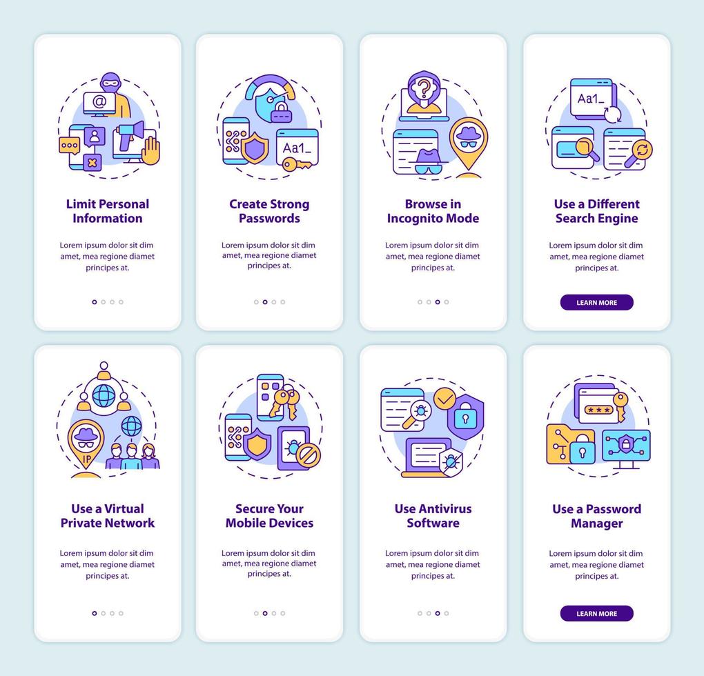 protegendo a privacidade dicas on-line definem a tela da página do aplicativo móvel de integração. dados seguros passo a passo instruções gráficas de oito etapas com conceitos. modelo de vetor ui, ux, gui com ilustrações coloridas lineares