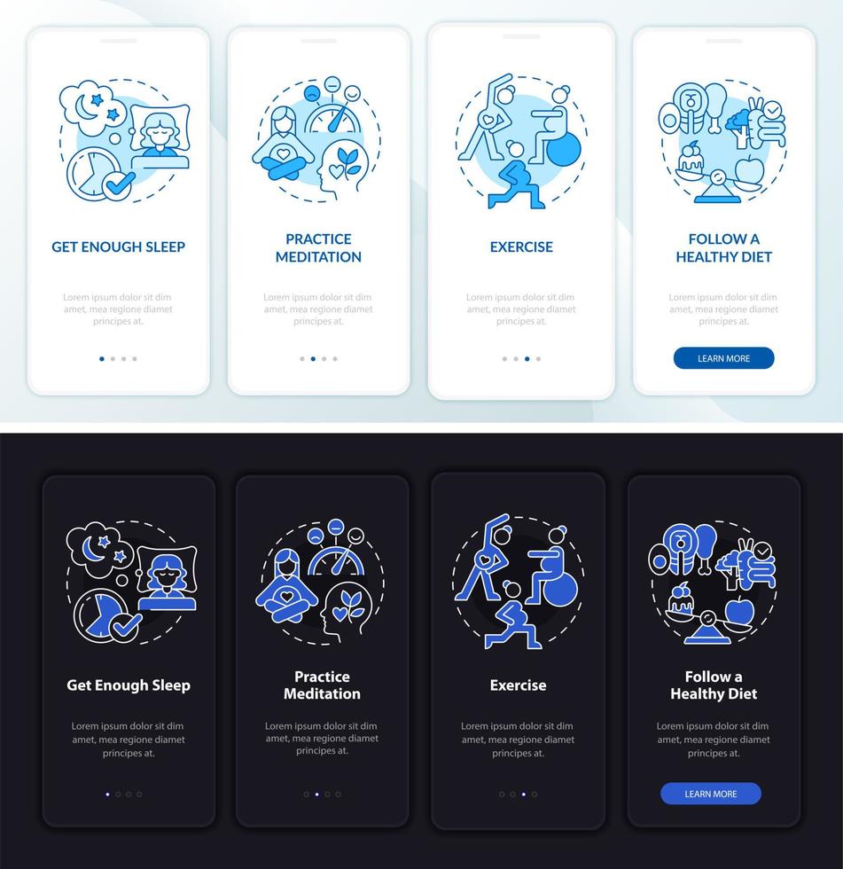 tela de página de aplicativo móvel de integração de bem-estar mental. prática de meditação passo a passo 4 passos instruções gráficas com conceitos. modelo de vetor ui, ux, gui com ilustrações lineares de modo noturno e diurno