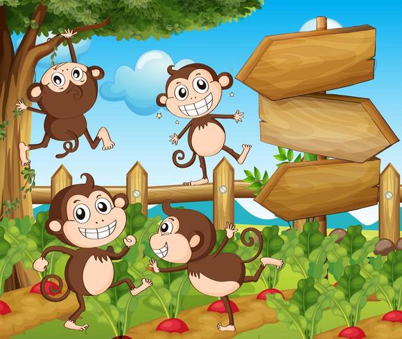 Cena de jardim com macacos e sinais vetor