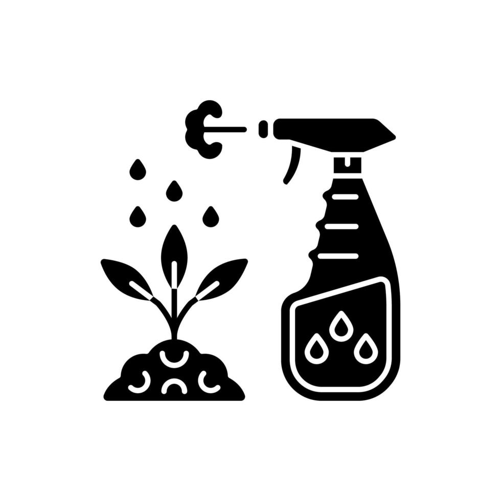 pulverize o ícone de glifo preto de fertilizante. substância líquida para folhas de plantas. suplemento foliar. pulverização de pesticidas. aditivo nutritivo. símbolo de silhueta no espaço em branco. ilustração vetorial isolada vetor