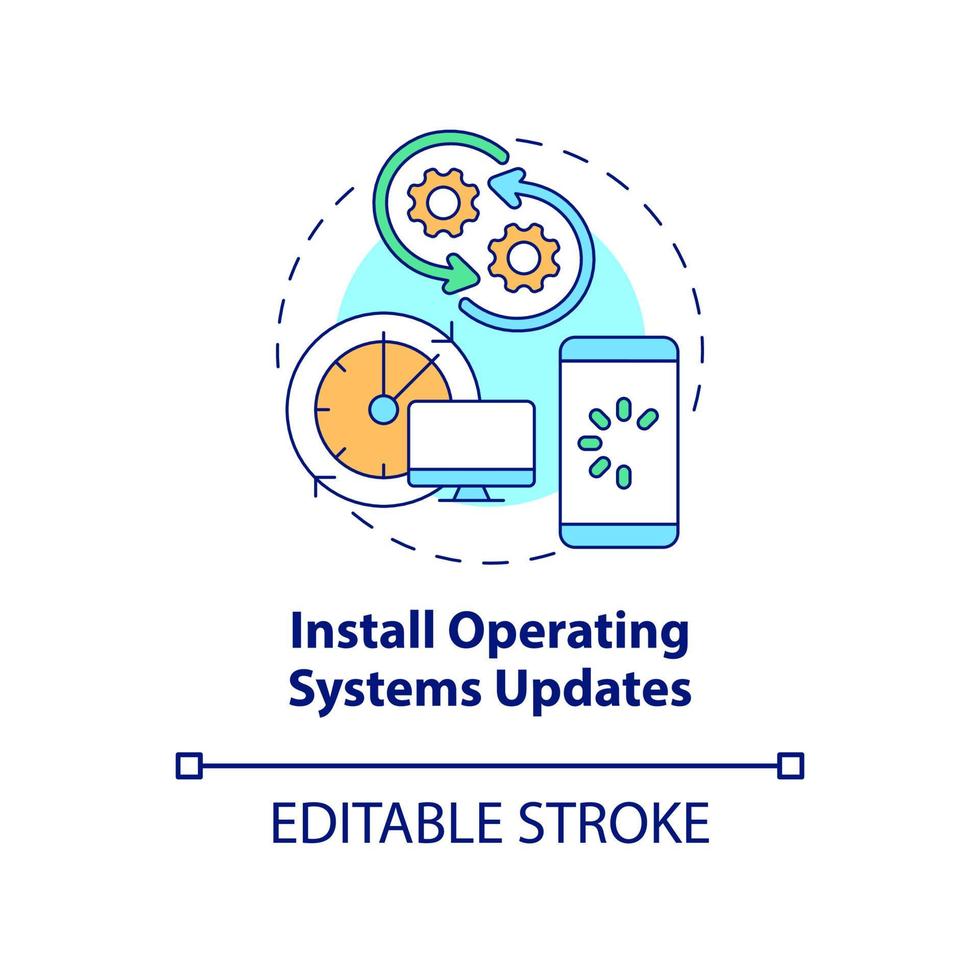 sistema operacional atualiza o ícone do conceito de instalação. software de dispositivos regulares atualizando ilustração de linha fina de ideia abstrata. segurança de dados. desenho de cor de contorno isolado de vetor. traço editável vetor