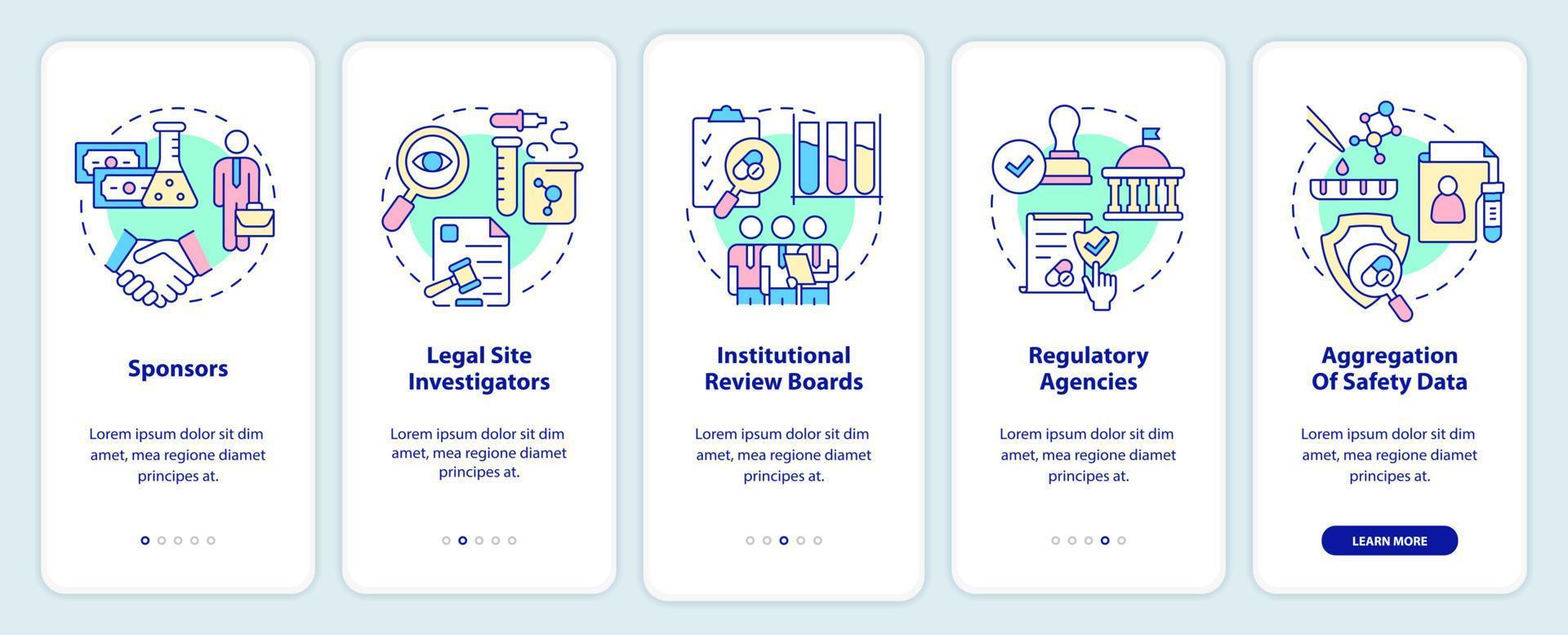 tela do aplicativo móvel de integração de segurança. passo a passo de proteção de ensaios clínicos 5 passos páginas de instruções gráficas com conceitos lineares. ui, ux, modelo de gui. inúmeras fontes pró-negrito e regulares usadas vetor