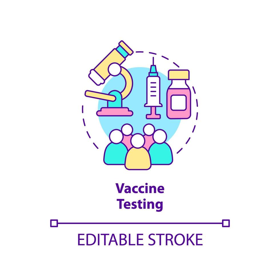 ícone de conceito de teste de vacina. trabalhar em cima do antídoto. coisas a serem testadas ilustração de linha fina de ideia abstrata. desenho de contorno isolado. traço editável. arial, uma miríade de fontes pró-negrito usadas vetor