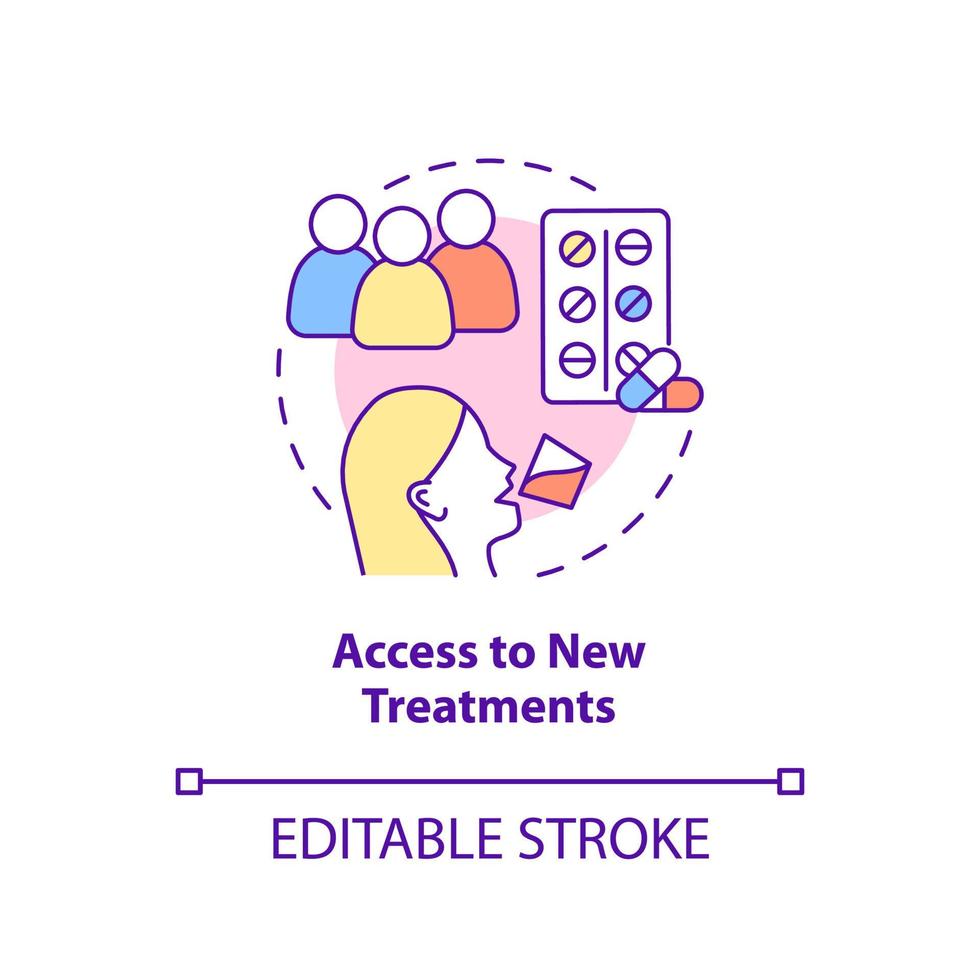 acesso ao ícone do novo conceito de tratamentos. vantagem de ensaios clínicos para ilustração de linha fina de ideia abstrata participante. desenho de contorno isolado. traço editável. arial, uma miríade de fontes pró-negrito usadas vetor