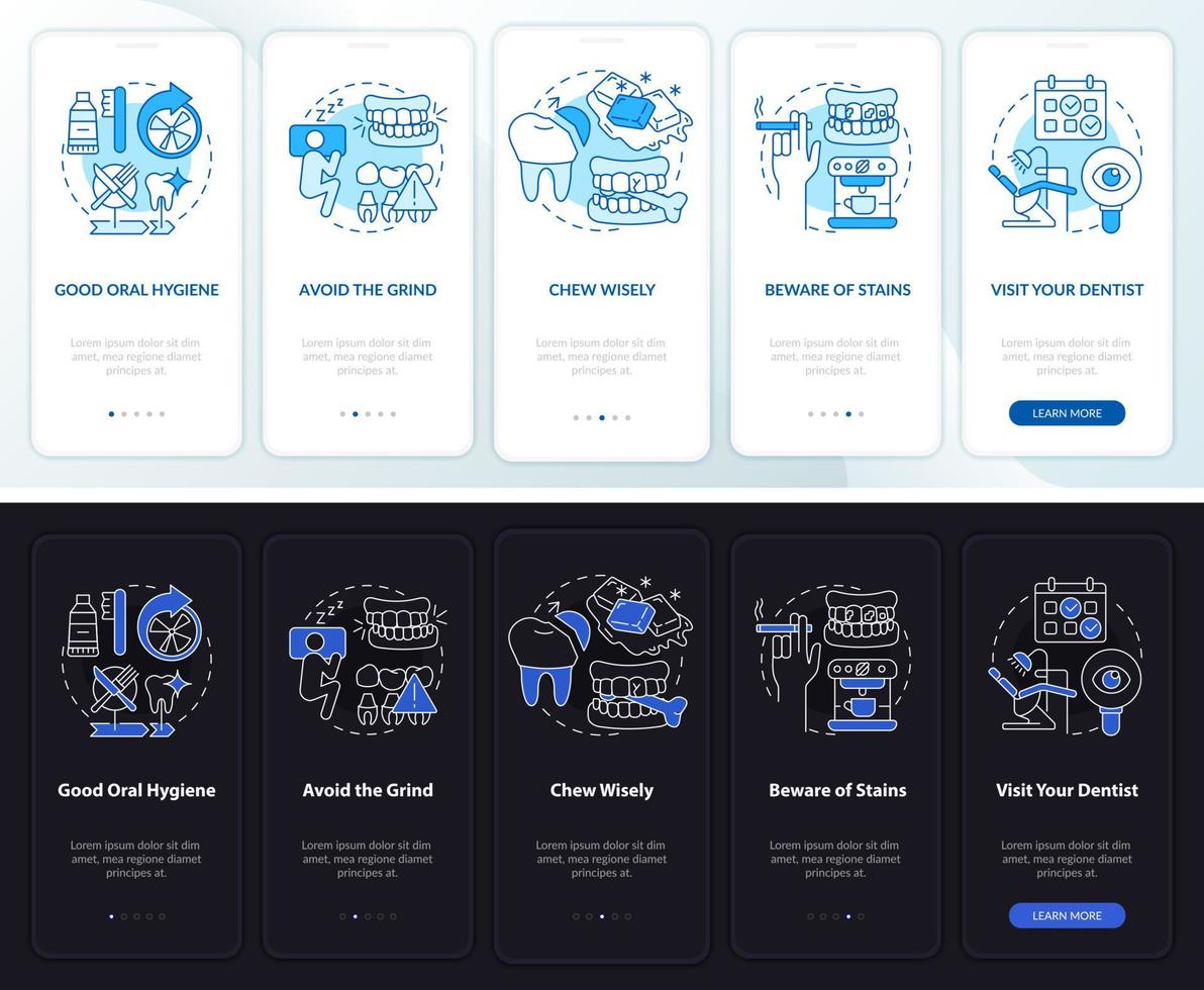 manutenção de folheados tela de aplicativo móvel no modo noturno e diurno. passo a passo 5 passos páginas de instruções gráficas com conceitos lineares. ui, ux, modelo de gui. uma miríade de fontes regulares pró-negrito usadas vetor