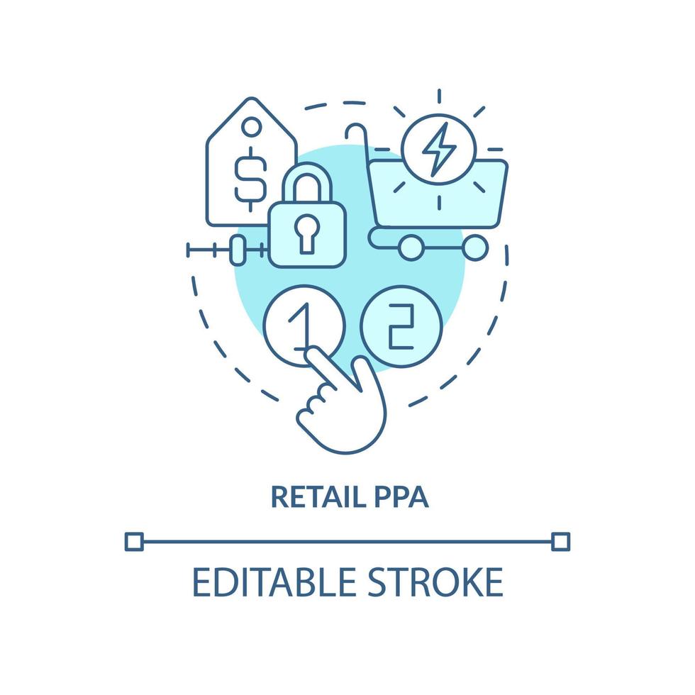 ícone de conceito turquesa ppa varejo. energia limpa. poder compra acordo definição idéia abstrata ilustração de linha fina. desenho de contorno isolado. traço editável. arial, uma miríade de fontes pró-negrito usadas vetor
