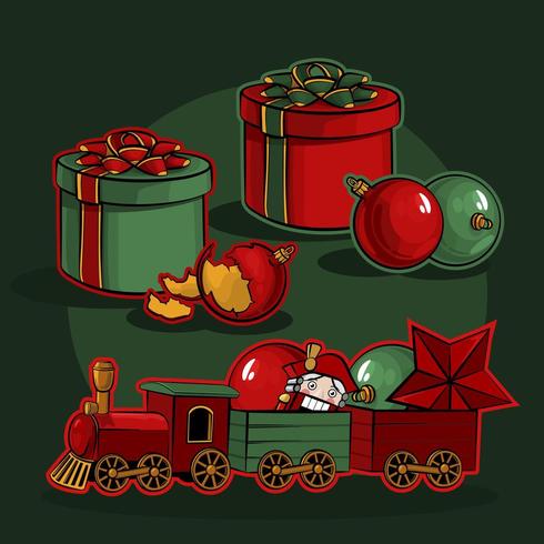 Conjunto de Natal. Caixas de presente, bolas de Natal e um trem de brinquedo com quebra-nozes vetor