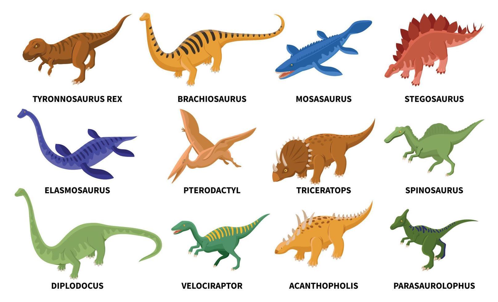 conjunto de dinossauros coloridos isométricos vetor