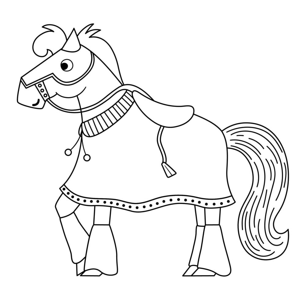 cavalo cavaleiro preto e branco de conto de fadas com cobertor e sela. animal guerreiro blindado de linha de fantasia. ícone de desenho animado de conto de fadas com personagem medieval ou página para colorir. vetor