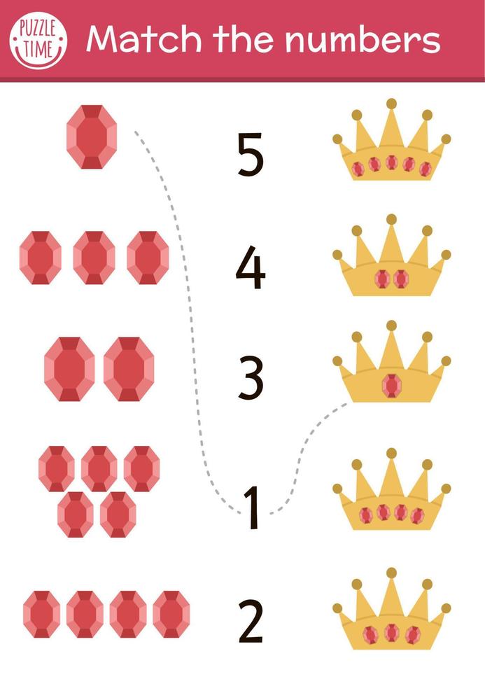 combinar o jogo de números com coroa e pedras preciosas. atividade matemática de conto de fadas para crianças pré-escolares. Planilha de contagem educacional imprimível do reino mágico para crianças vetor