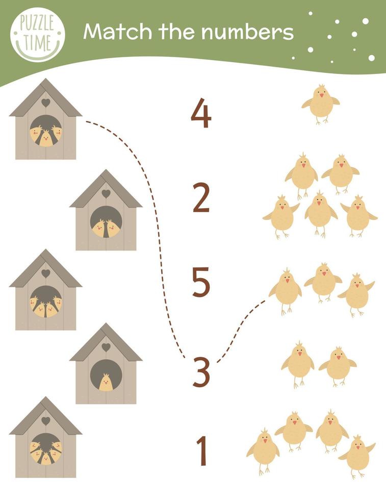 jogo de correspondência com estorninhos e pintinhos fofos. atividade matemática de páscoa para crianças pré-escolares. planilha de contagem de primavera. enigma educacional com pássaros engraçados. vetor