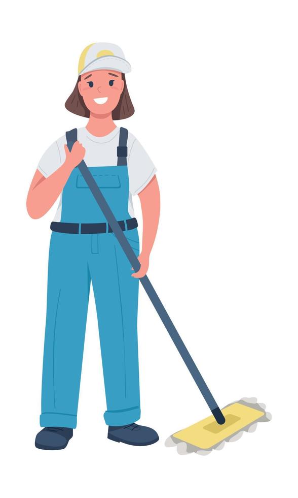trabalhador de serviço de limpeza feminino personagem de vetor de cor semi plana