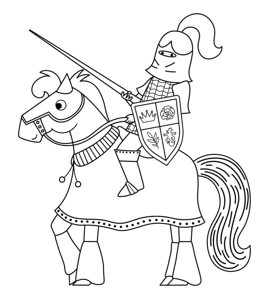 cavaleiro preto e branco de conto de fadas em um cavalo. linha de fantasia guerreiro blindado para colorir. soldado de conto de fadas no capacete com espada, escudo. ícone dos desenhos animados com personagem medieval e arma. vetor