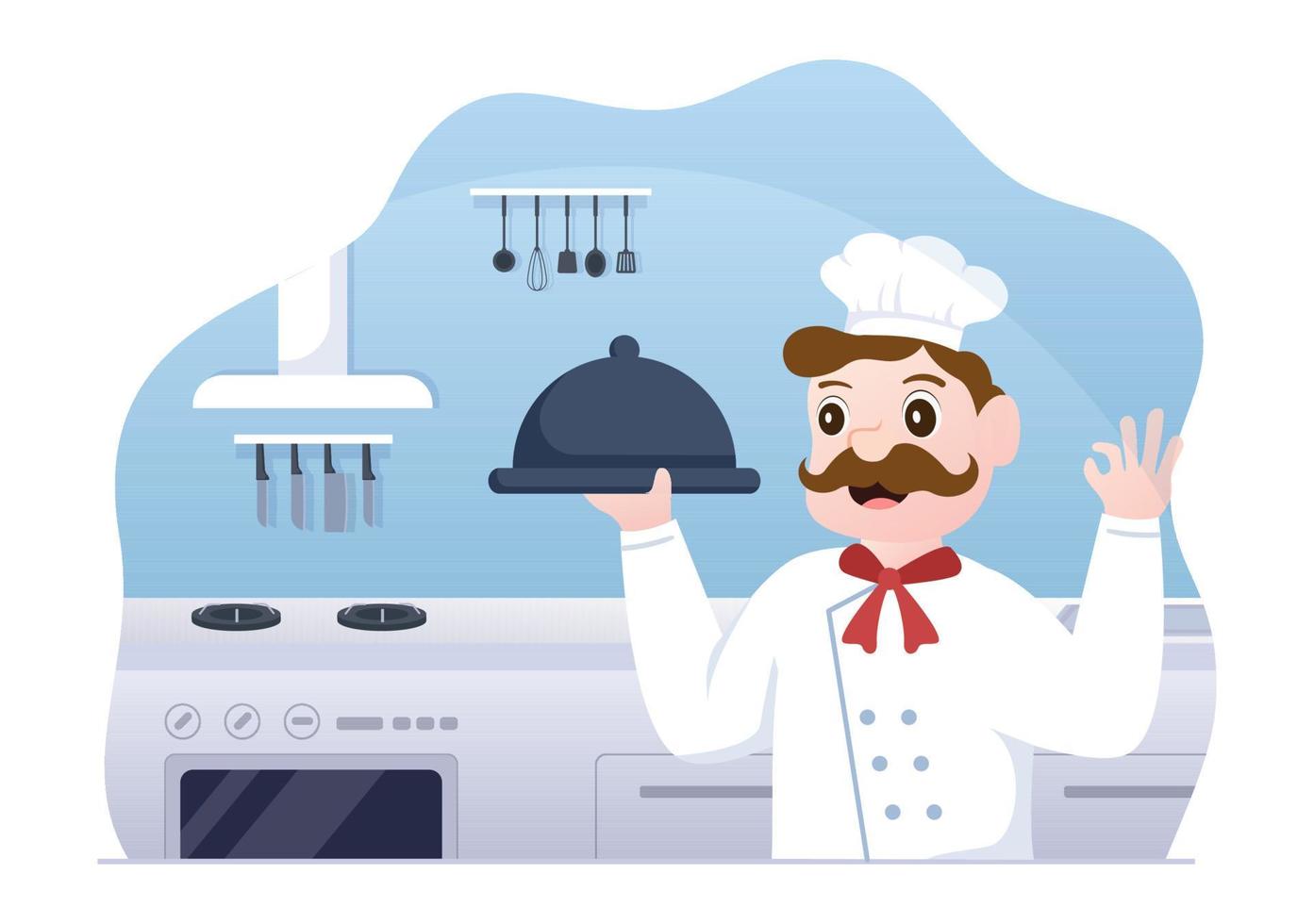 personagem de desenho animado chef profissional cozinhando ilustração com diferentes bandejas e comida para servir comida deliciosa feita na cozinha adequada para pôster vetor