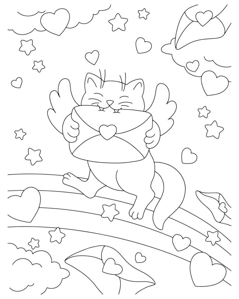 Cupido de gato fofo morde uma carta de amor. página do livro de colorir para crianças. Dia dos Namorados. personagem de estilo de desenho animado. ilustração vetorial isolada no fundo branco. vetor