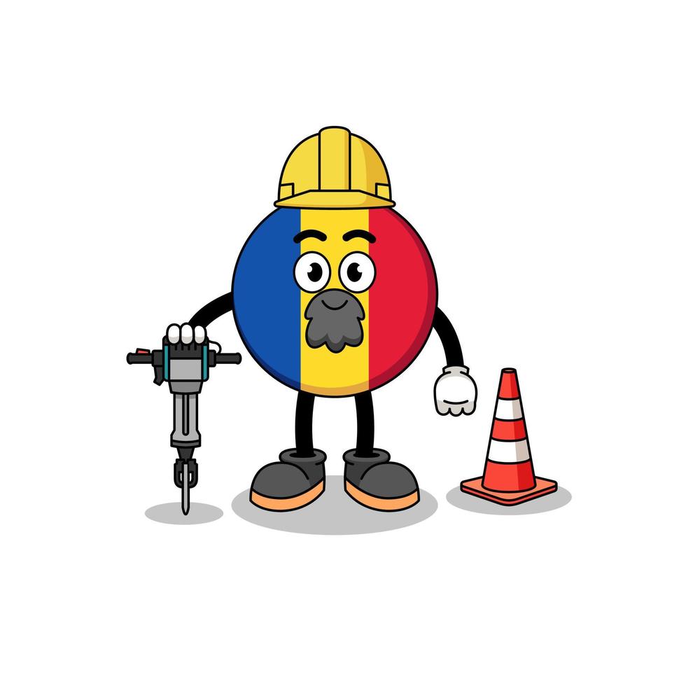 desenho de personagem da bandeira da romênia trabalhando na construção de estradas vetor