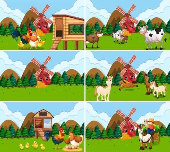 Conjunto de cenas de fazenda com animais vetor