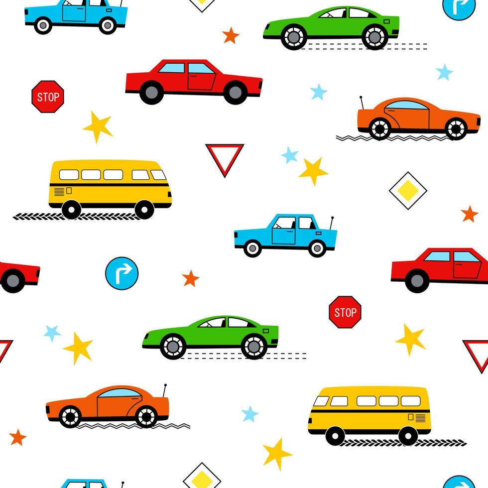 padrão de vetor sem costura bonito com carros coloridos engraçados e sinais de trânsito