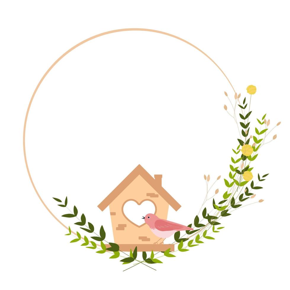 pássaro rosa nas casas de pássaros. moldura de primavera feita de pequenas flores silvestres. modelo de círculo de páscoa. ilustração em vetor estoque de uma coroa de verão. Isolado em um fundo branco.