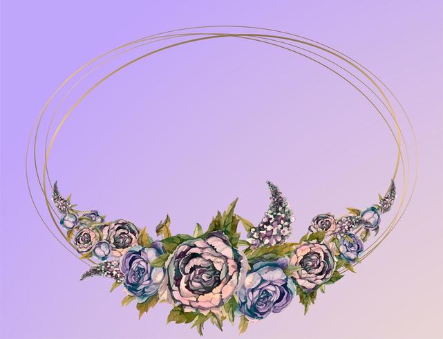 Moldura oval de ouro com flores em aquarela rosa. vetor