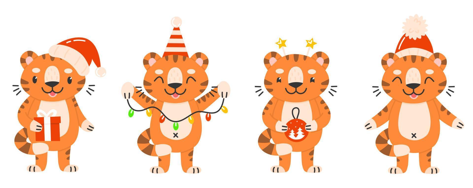 conjunto de ano novo de personagem tigre. filhotes de tigre bonitos em estilo cartoon em chapéus de natal, com uma guirlanda. coleção de personagens animais de ano novo. ilustração vetorial. vetor