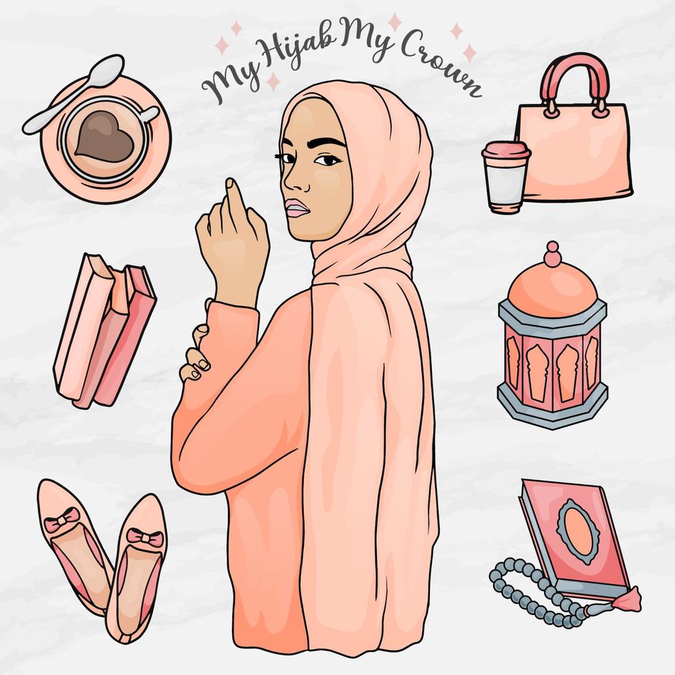 modelo de conjunto de objetos de elemento de adesivo de menina de hijab de mulher de beleza vetor