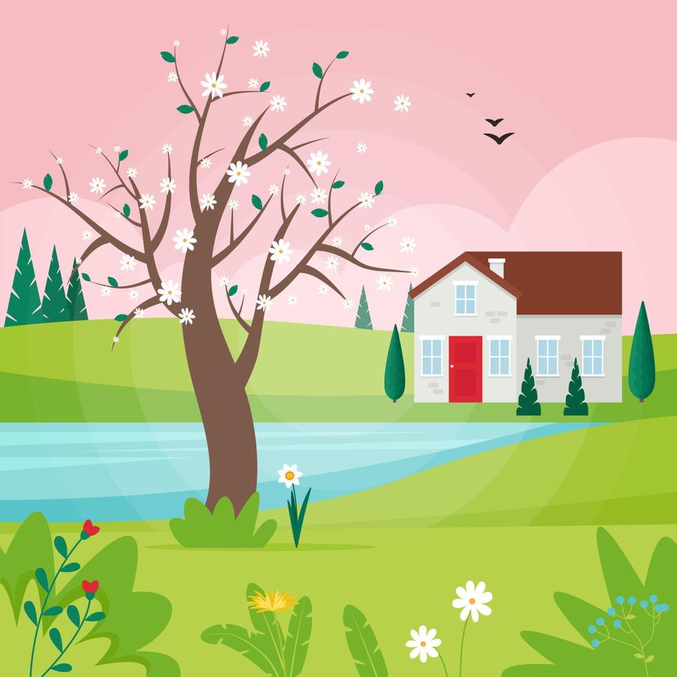 paisagem de primavera com árvore florida e casa. ilustração vetorial fofa em estilo simples vetor