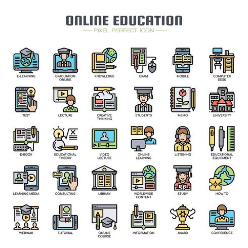 Ícones de linha fina de educação on-line vetor