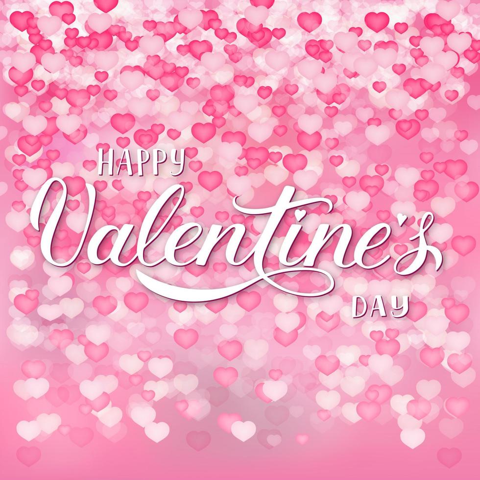 feliz dia dos namorados letras de mão de caligrafia em fundo rosa suave com confete de corações 3d. modelo de vetor fácil de editar