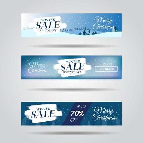 Conjunto de banners de venda de inverno design com fundo de texto e floco de neve de venda vetor