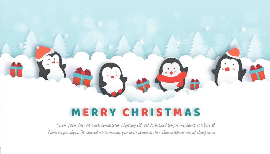 Celebrações de Natal com pinguins fofos na floresta de neve. vetor