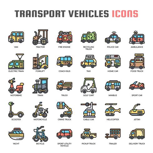 Ícones de linha fina de veículos de transporte vetor