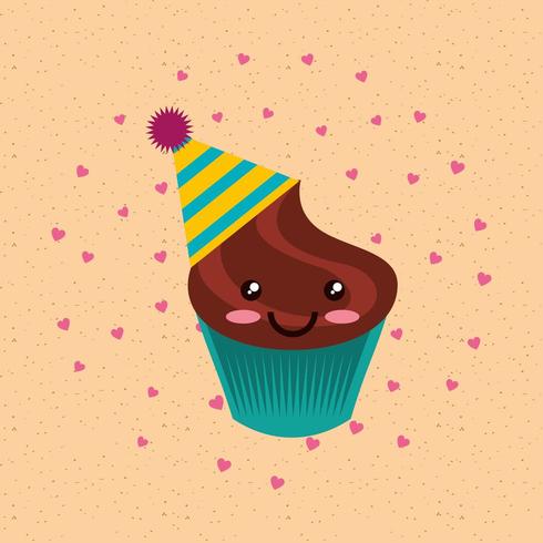 feliz aniversário kawaii chocolate cupcake no chapéu de festa vetor