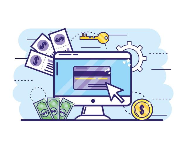 computador com cartão de crédito e chave para serviços bancários online vetor