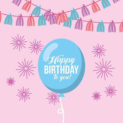 cartão de feliz aniversário com balão, flâmula e fogos de artifício vetor